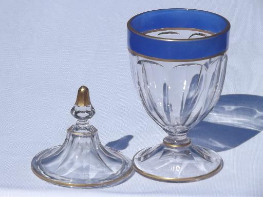 photo of old pressed glass colonial candy jar, blue enamel wide band w/ gold rim #2