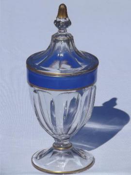 catalog photo of old pressed glass colonial candy jar, blue enamel wide band w/ gold rim