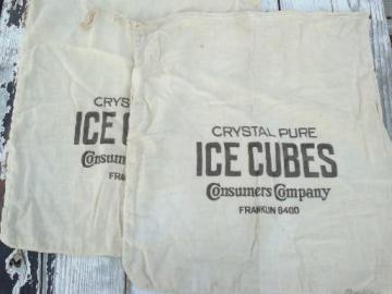 catalog photo of old primitive vintage printed cotton sacks for ice blocks or ice cubes