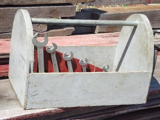 photo of old primitive wood handyman or garden shed tool box carrier w/wrenches #1