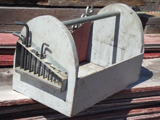 photo of old primitive wood handyman or garden shed tool box carrier w/wrenches #2