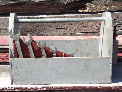 photo of old primitive wood handyman or garden shed tool box carrier w/wrenches #5