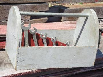 catalog photo of old primitive wood handyman or garden shed tool box carrier w/wrenches