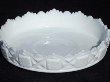 catalog photo of old quilt Westmoreland milk glass, shallow flower bowl centerpiece