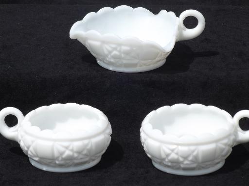 photo of old quilt milk glass nappy and candle holders, quilted pattern pressed glass #1