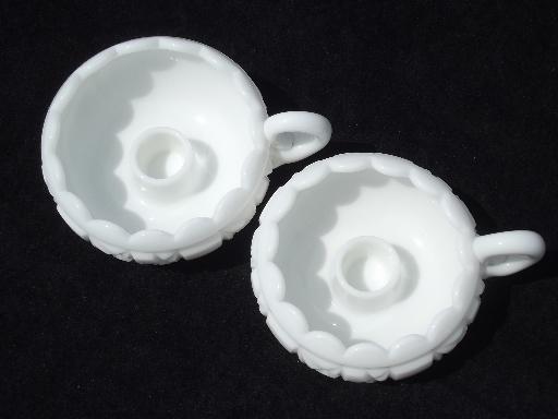 photo of old quilt milk glass nappy and candle holders, quilted pattern pressed glass #5