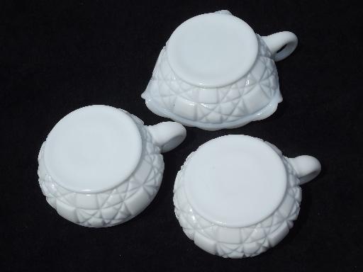 photo of old quilt milk glass nappy and candle holders, quilted pattern pressed glass #6