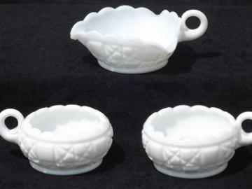 catalog photo of old quilt milk glass nappy and candle holders, quilted pattern pressed glass