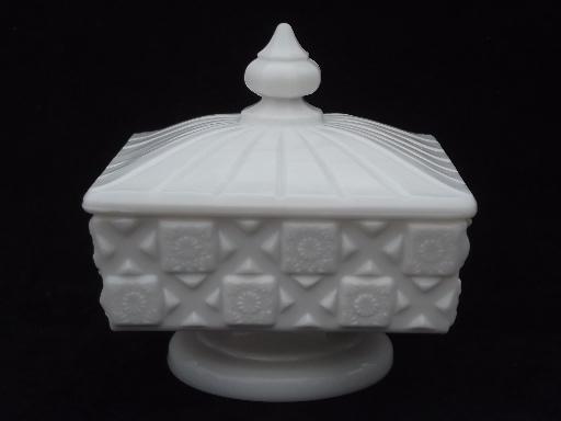 photo of old quilt pattern milk glass candy dish, unmarked vintage Westmoreland #1