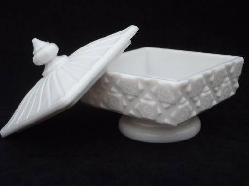 photo of old quilt pattern milk glass candy dish, unmarked vintage Westmoreland #2