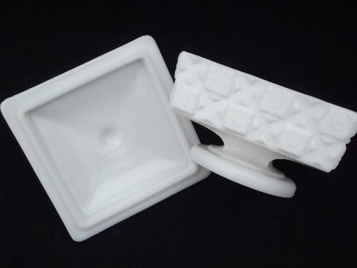 photo of old quilt pattern milk glass candy dish, unmarked vintage Westmoreland #4