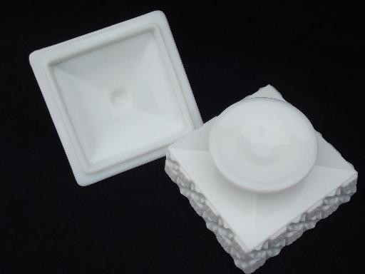 photo of old quilt pattern milk glass candy dish, unmarked vintage Westmoreland #5