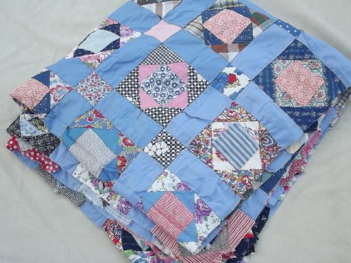 photo of old quilt top, all vintage cotton print fabric, hand-stitched patchwork blocks #8