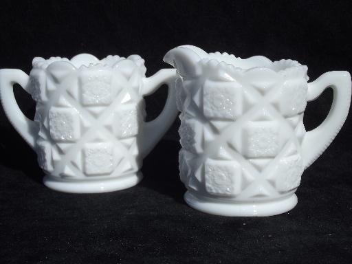 photo of old quilt vintage Westmoreland milk glass cream pitcher and sugar set #1