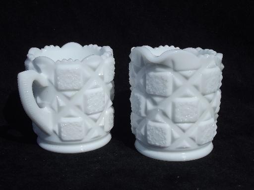 photo of old quilt vintage Westmoreland milk glass cream pitcher and sugar set #2