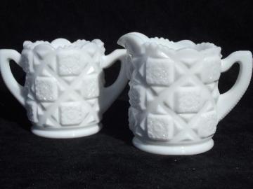 catalog photo of old quilt vintage Westmoreland milk glass cream pitcher and sugar set