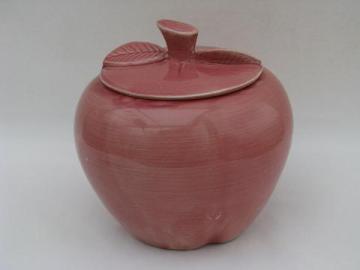 catalog photo of old red apple, vintage pottery cookie jar, unknown maker