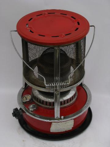 photo of old red enamel kerosene camp heater, vintage camping gear #2