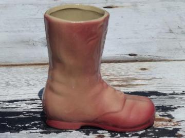 catalog photo of old red glazed yellow ware pottery boot flower planter vase, Shawnee?