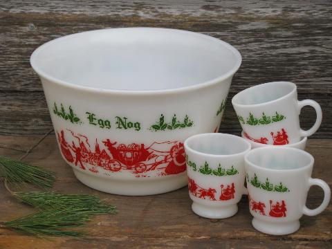 photo of old red & green Christmas eggnog punch cups & bowl, vintage milk glass #1