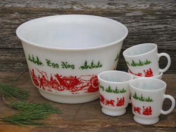 catalog photo of old red & green Christmas eggnog punch cups & bowl, vintage milk glass