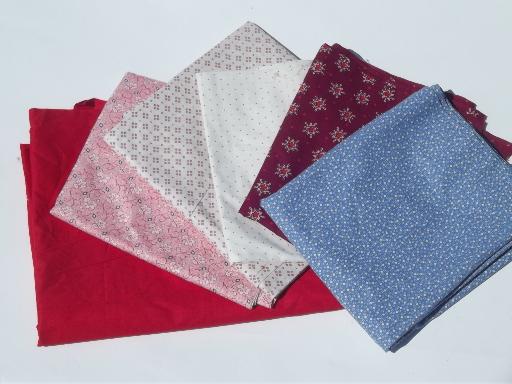 photo of old red white & blue quilting fabric lot, cotton prints & solid color fabric #1