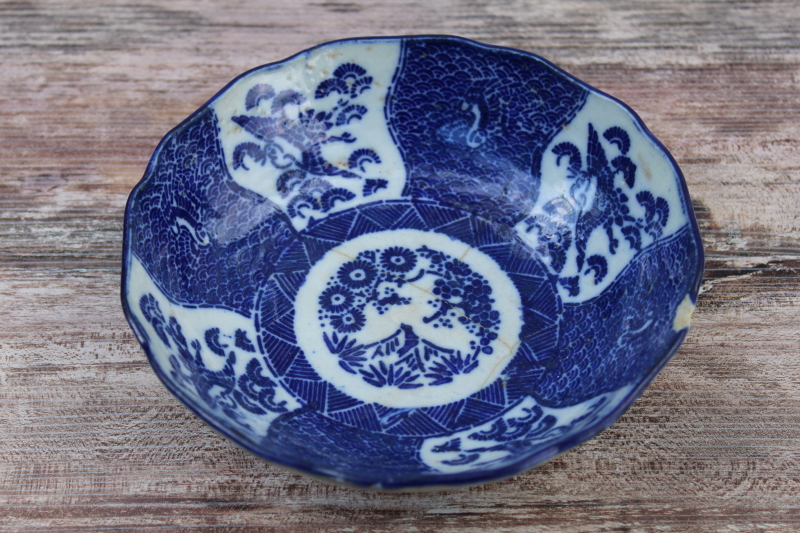 photo of old repaired Japanese or Chinese porcelain bowl Imari pattern ko sometsuke vintage blue and white china #1