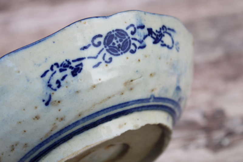 photo of old repaired Japanese or Chinese porcelain bowl Imari pattern ko sometsuke vintage blue and white china #9