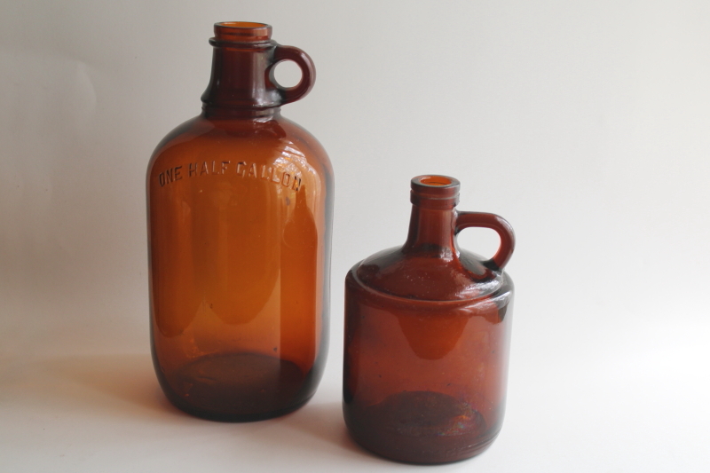 photo of old root beer brown glass jugs, vintage amber bottles half gallon & quart size  #1