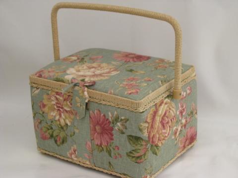 photo of old rose floral sewing box, flowered print linen weave cotton fabric #1