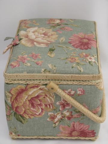 photo of old rose floral sewing box, flowered print linen weave cotton fabric #4