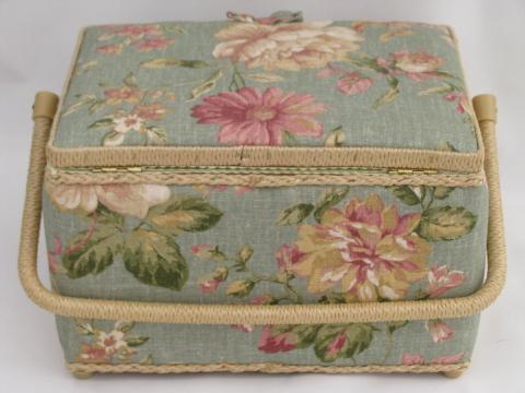 photo of old rose floral sewing box, flowered print linen weave cotton fabric #5