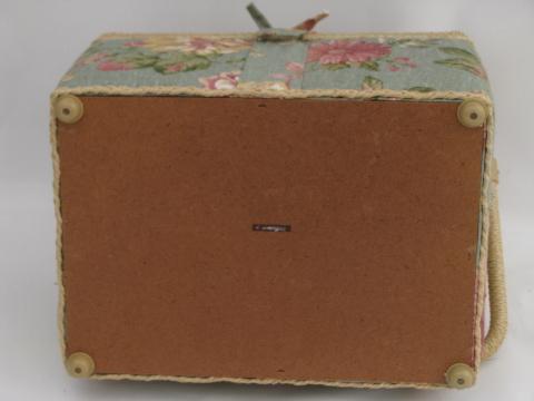 photo of old rose floral sewing box, flowered print linen weave cotton fabric #7