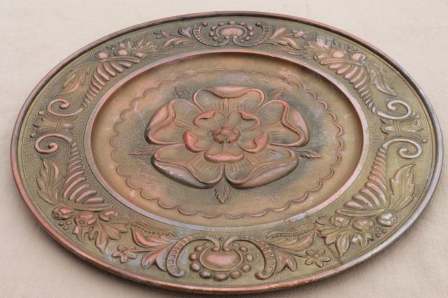 photo of old rose medallion round ceiling rose embossed brass tray or wall art w/ antique copper finish #1