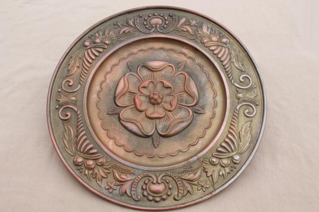 photo of old rose medallion round ceiling rose embossed brass tray or wall art w/ antique copper finish #2