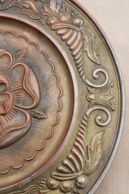 photo of old rose medallion round ceiling rose embossed brass tray or wall art w/ antique copper finish #3