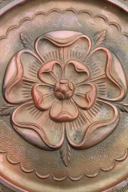 photo of old rose medallion round ceiling rose embossed brass tray or wall art w/ antique copper finish #4