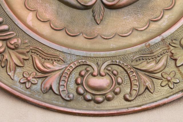 photo of old rose medallion round ceiling rose embossed brass tray or wall art w/ antique copper finish #5