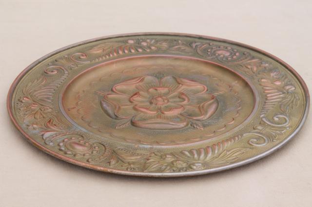 photo of old rose medallion round ceiling rose embossed brass tray or wall art w/ antique copper finish #7