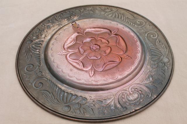 photo of old rose medallion round ceiling rose embossed brass tray or wall art w/ antique copper finish #8
