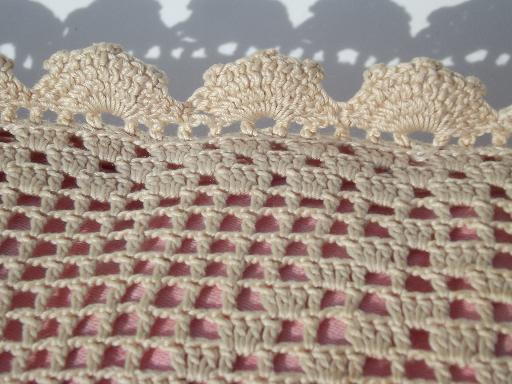 photo of old rose pink pillow w/ ecru cotton lace crochet, shabby chic vintage  #3