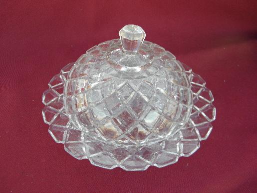 photo of old round glass dome butter dish, vintage waffle pattern cover and plate #1