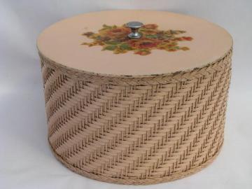 catalog photo of old round pink wicker sewing basket w/ vintage flower decals