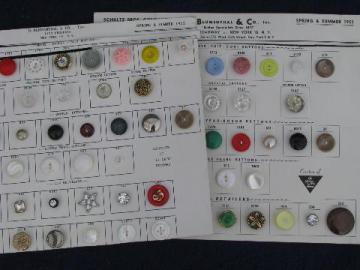 catalog photo of old saleman's sample sewing notions, vintage buttons on cards, 1950s