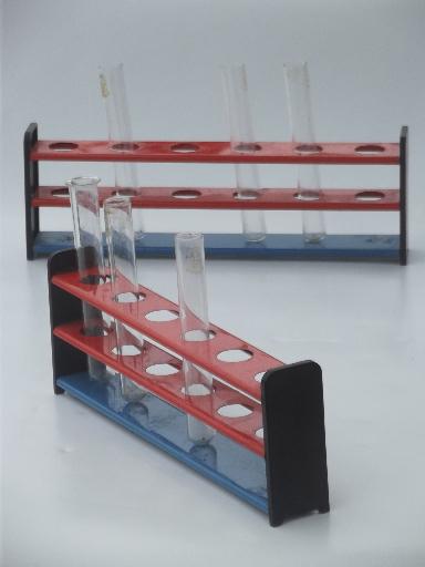 photo of old school test tube racks, metal labware stands for chemistry vials #1