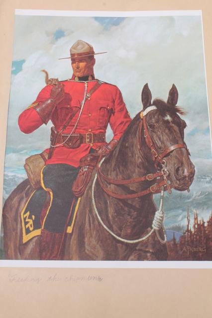 photo of old scrapbook of vintage art illustrations pictures, Mounties RCMP Royal Canadian Mounted Police #7