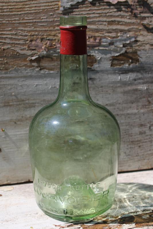 photo of old sea green glass bottle from French cognac, embossed France vintage bottle #1