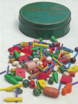 catalog photo of old small wood toys, game pieces, beads, lot for crafts or altered art