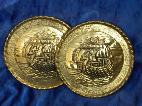 photo of old solid brass Dawn Treader vintage, dragon ship wall medallions - England #1