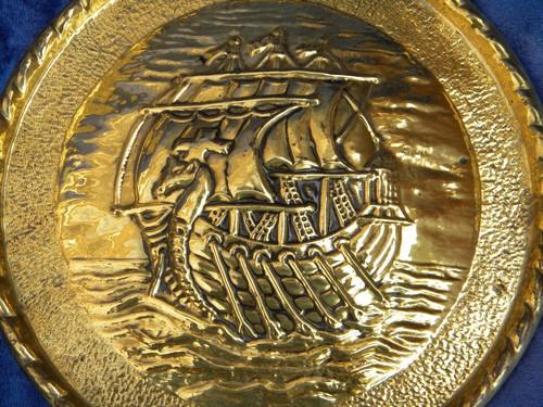 photo of old solid brass Dawn Treader vintage, dragon ship wall medallions - England #2